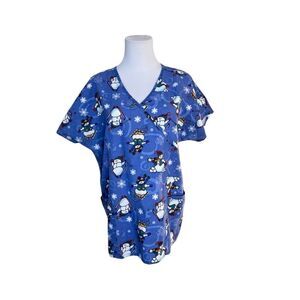 JIJ Scrubs Blue Snowman Snowflake‎ Scrub Medical Top LARGE Wintertime Snow